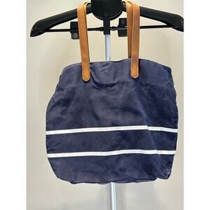 White House Black Market Striped Navy White Tan Cotton Tote Bag